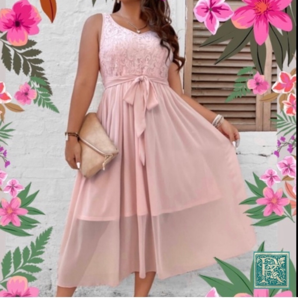 Long Baby pink contrast lace sleeveless belted chiffon dress​​